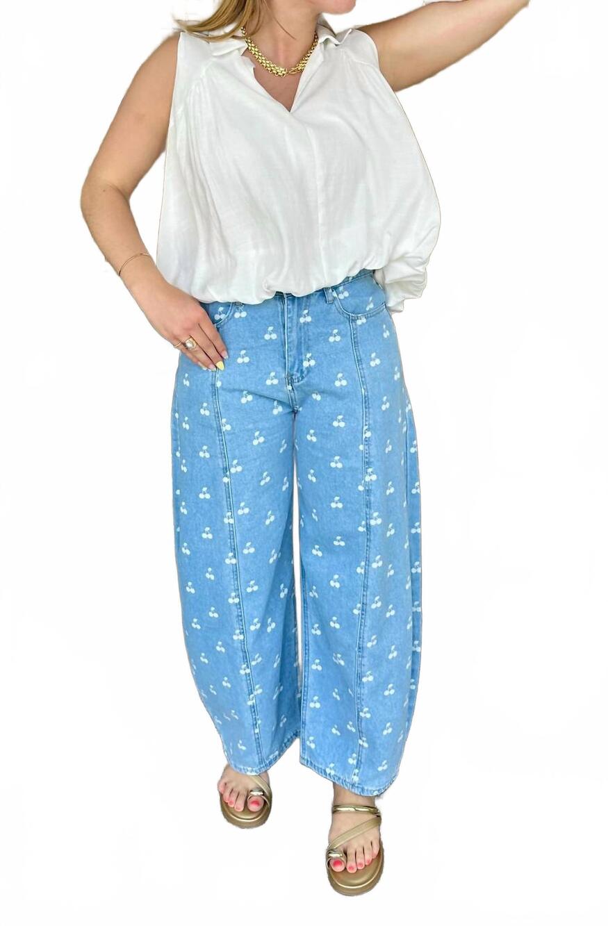 NEW PEACH LOVE cherry print washed denim gypsy fit pants in light wash